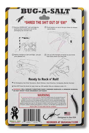 A new Bug-A-Salt SHRED-ER Kit pest control CO2 powered pistol kit in an open box, complete with donut-style shooting targets, safety glasses, and additional branding stickers.